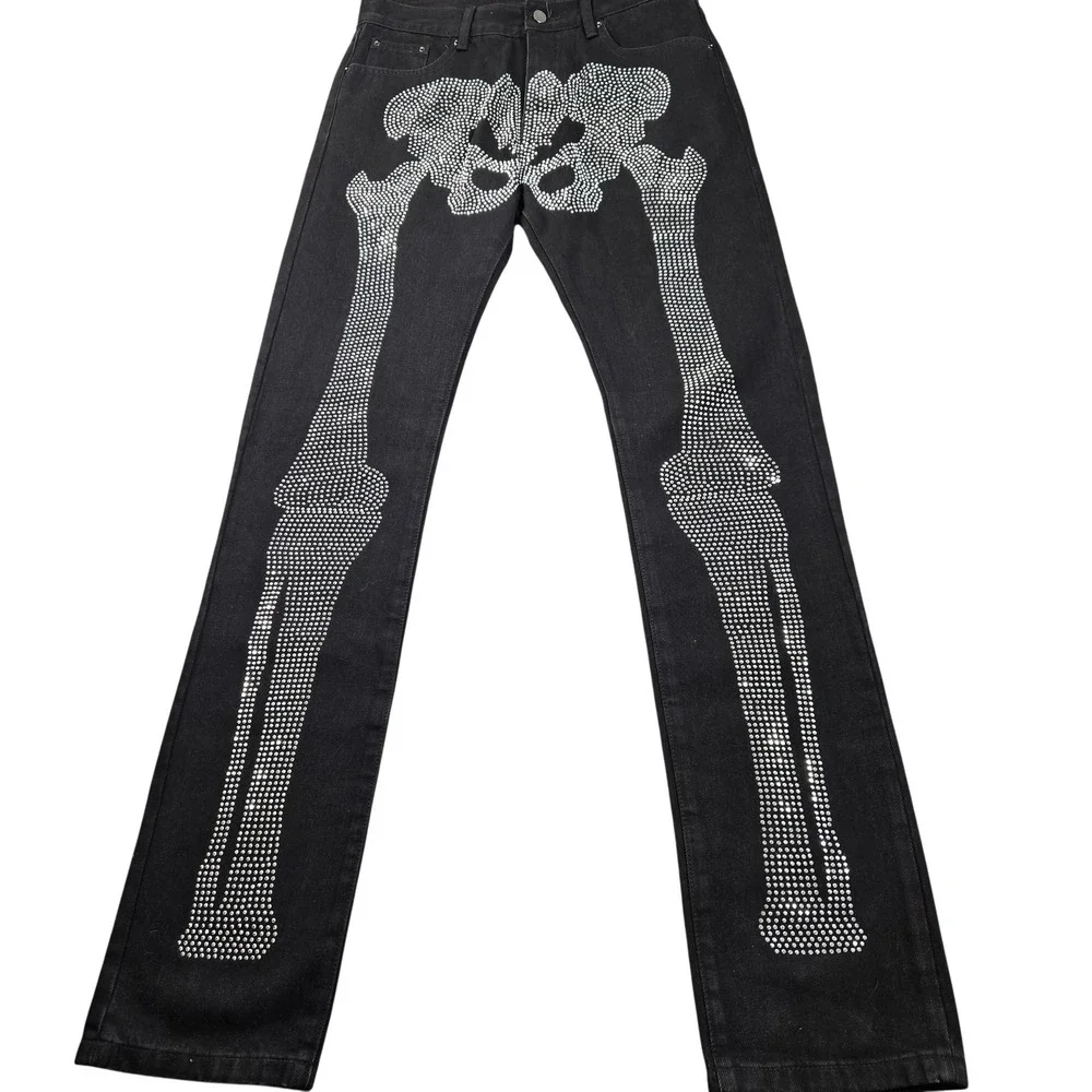 Mnml Jeans Mens 31x35‎ (tag 32) Black Skeleton Rhinestone Slim Straight Denim